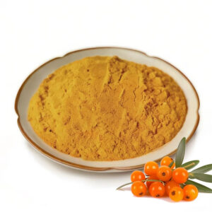 Sea buckthorn fruit powder with orange berries and leaves for supplement, capsule, and botanical powder formulations