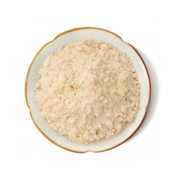 Top-view almond powder in a ceramic dish for nutrition powder blend and dry formulation development
