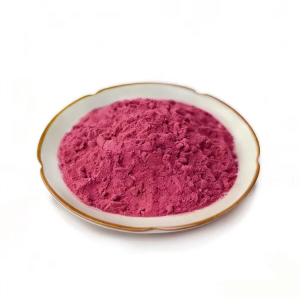 Fine beetroot powder in a ceramic dish for drink mix and functional food formulation applications