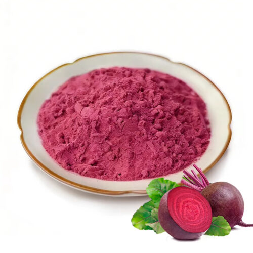 Beetroot powder beside fresh cut beetroot and leaves for nutrition powder and functional beverage formulations