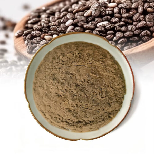 Top view of fine chia seed powder for botanical ingredient and nutrition powder formulations