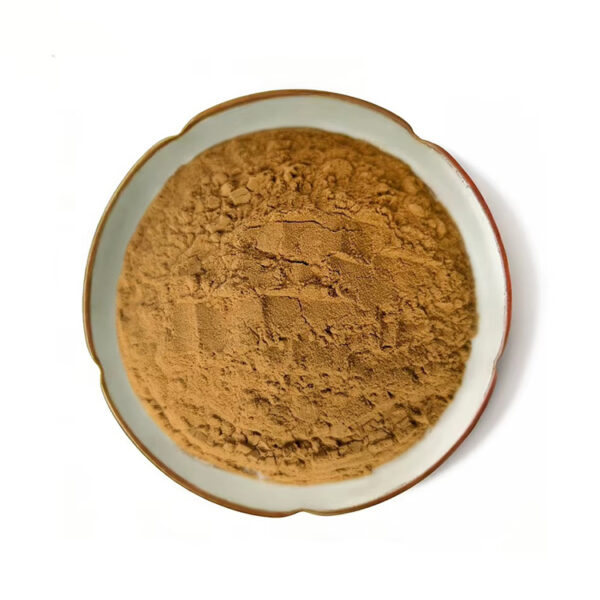 Fenugreek seed powder top view in a ceramic dish for botanical supplement formulation and ingredient development