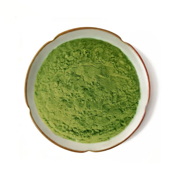 Top view of green vegetable powder for capsule, tablet, and powdered nutrition formulations