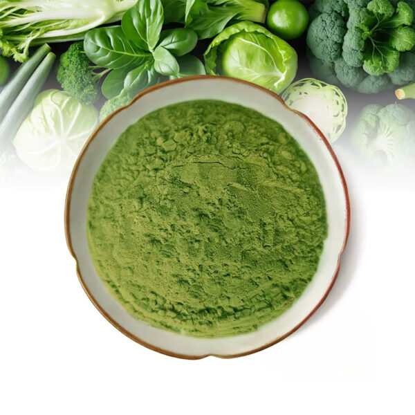 Green vegetable powder shown with assorted green vegetables for functional food and drink mix formulations