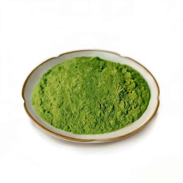 Fine green kale powder in a ceramic dish for capsule and greens powder blend formulations