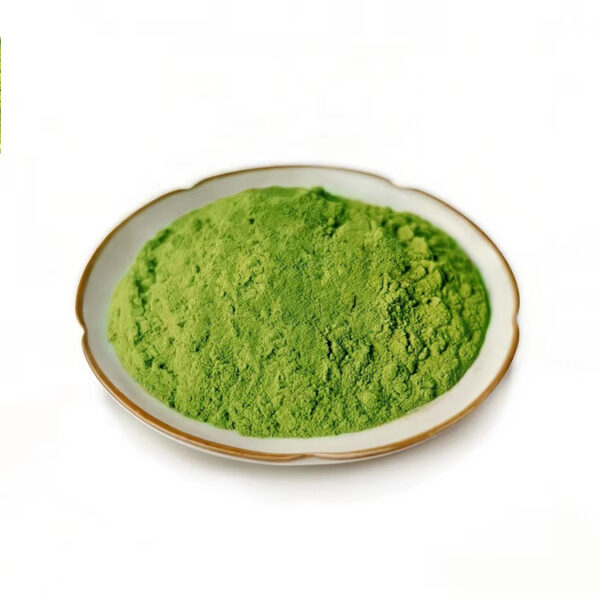 Matcha powder shown in an angled dish presentation for capsules, tablets, and botanical powder blend formulations