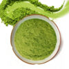 Fine matcha powder in a ceramic dish with loose green powder detail for matcha drink mix and latte formulation