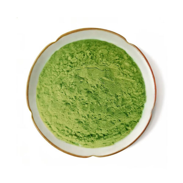 Matcha powder shown from above as a fine green tea powder ingredient for beverage and nutrition powder formulations