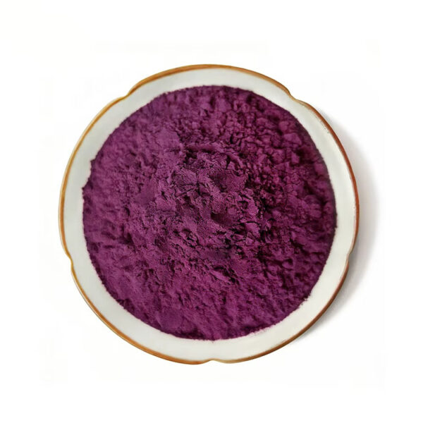 Purple sweet potato powder in a top-view dish for nutrition powder and functional food formulation