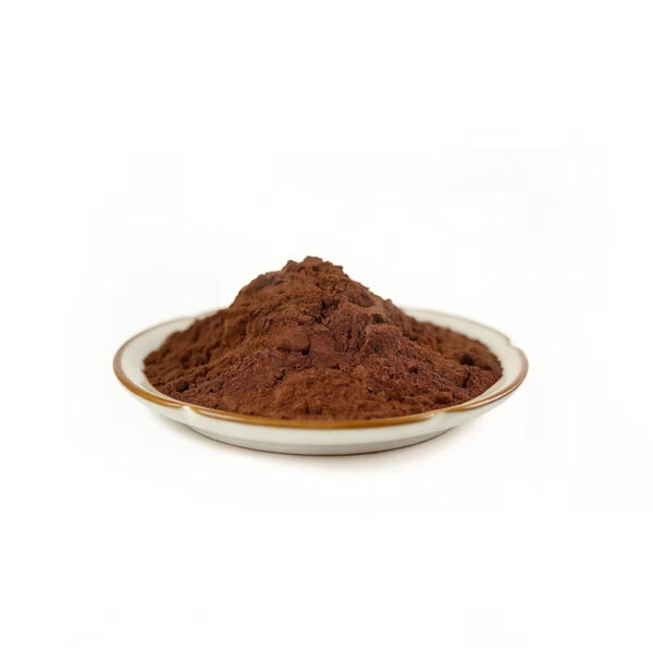 Fine brown shilajit powder in a ceramic dish for capsule and tablet formulation development