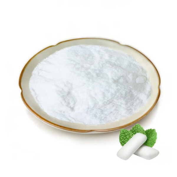 Xylitol powder with white chewing gum pieces and mint leaves for chewing gum and oral-care formulation