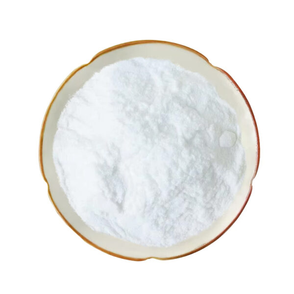 Top view of fine xylitol powder in a ceramic dish for functional food and powder blend formulation