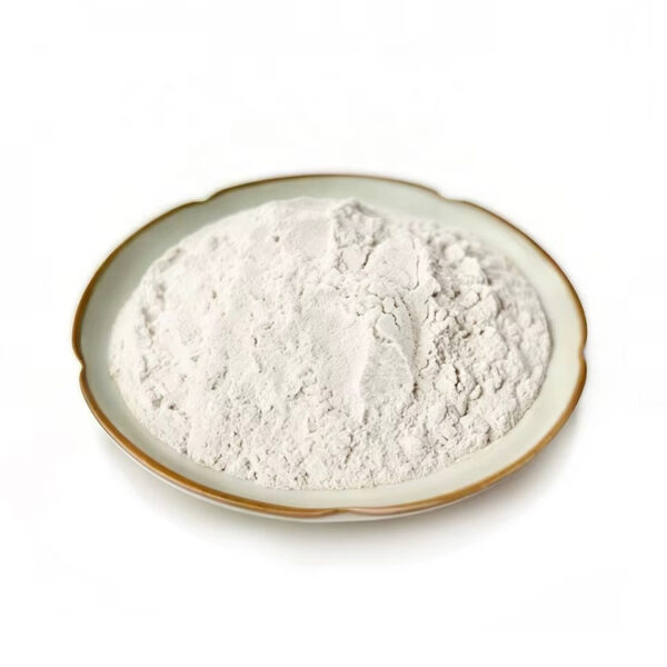 98% trans resveratrol powder presented as a mound of fine off-white ingredient powder in a shallow ceramic dish on a white background