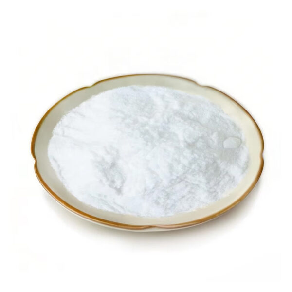 Fine white aloe vera extract powder with a soft, slightly uneven surface in a shallow ceramic dish against a white background