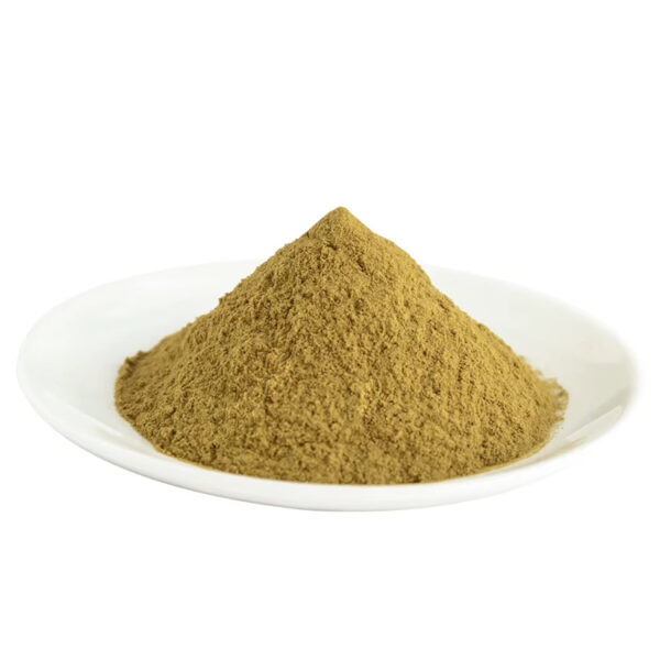 Apigenin powder from celery extract displayed as a conical mound of finely divided olive-brown powder on a white plate.
