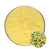 Yellow apigenin 98% powder in a round glass dish with an inset of white chamomile-like flowers and yellow centers.