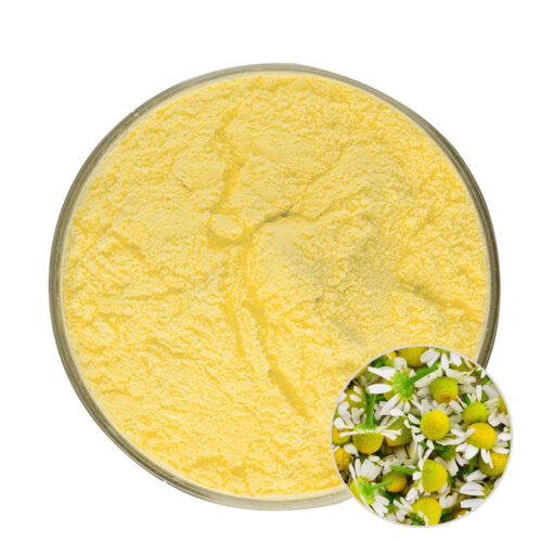 Yellow apigenin 98% powder in a round glass dish with an inset of white chamomile-like flowers and yellow centers.