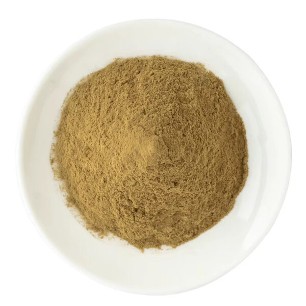 Overhead view of celery-derived apigenin powder showing a loose mound of finely divided tan powder in a white ceramic plate.
