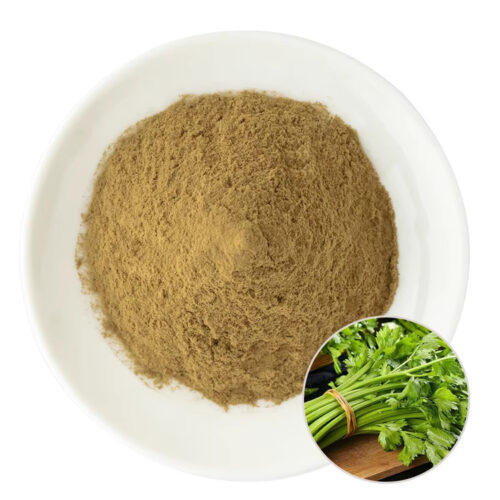Celery-derived apigenin powder in a white dish with an inset showing fresh green celery stalks and leaves as the botanical reference.
