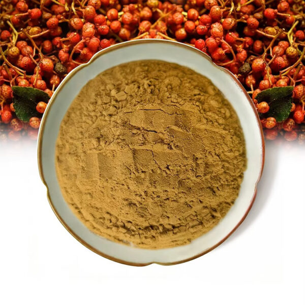 Chinese prickly ash extract powder in a ceramic dish with clusters of reddish Sichuan peppercorn-like material in the background