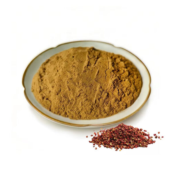 Golden-brown Chinese prickly ash extract powder displayed in a ceramic dish beside a small pile of reddish peppercorn-like material