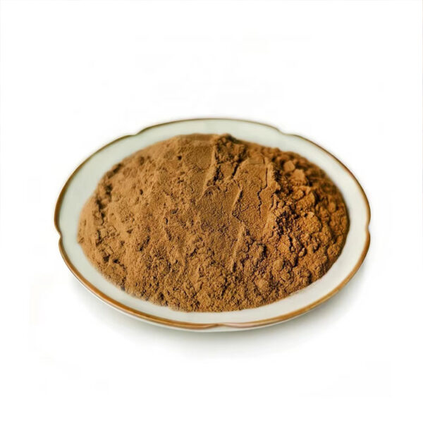 Side view of a mound of brown cinnamon extract powder in a shallow white dish on a plain background