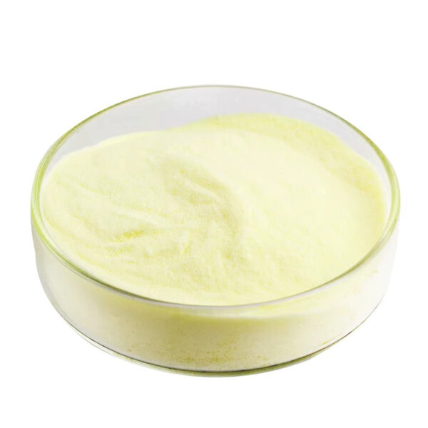 Angled side view of fine, pale yellow genistein powder inside a clear glass dish showing the loose powder surface