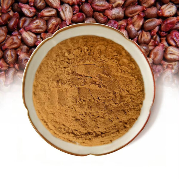 Grape seed powder in a ceramic bowl surrounded by grape seeds, representing a botanical ingredient for supplement formulations