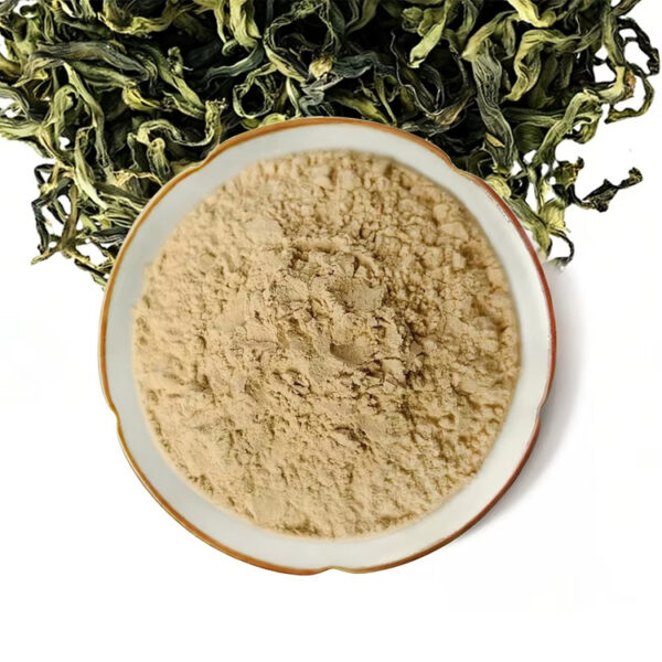 Pale tan Gynostemma pentaphyllum extract powder displayed in a ceramic dish with curled dried botanical leaves behind it