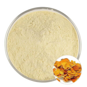 Overhead view of hesperidin powder in a glass dish with an inset showing dried orange-colored citrus peel pieces