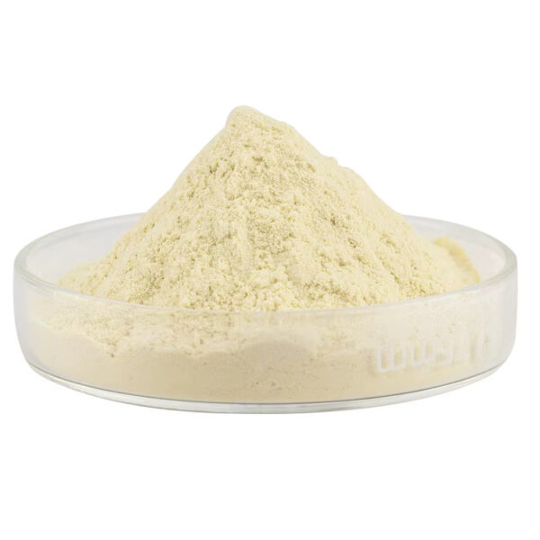 Side view of a mound of pale yellow hesperidin powder in a shallow transparent glass dish against a white background
