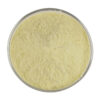 Kaempferol powder displayed in a round glass dish, showing its pale yellow color and fine powder texture from above.