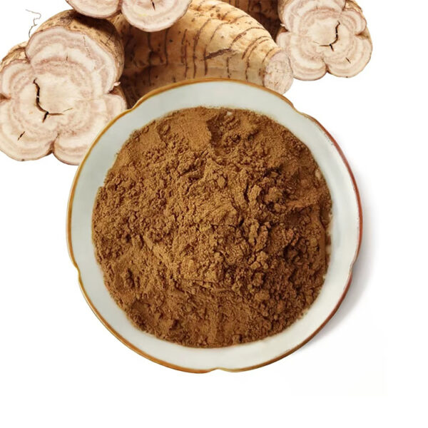 Kudzu root extract powder in a white gold-rimmed dish with sliced roots arranged behind the brown powdered ingredient