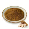 Angled view of a shallow dish holding brown kudzu root extract powder with illustrative root sections nearby
