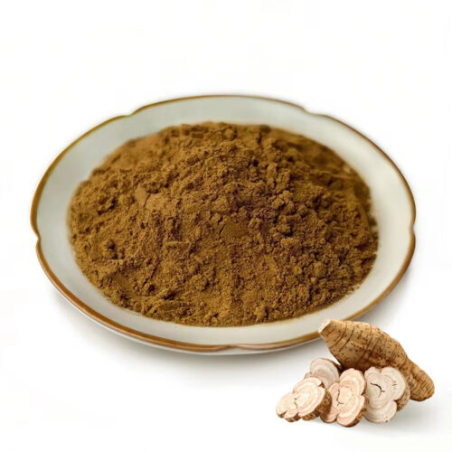 Angled view of a shallow dish holding brown kudzu root extract powder with illustrative root sections nearby