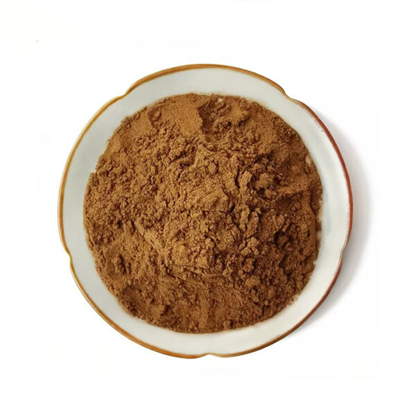 Top view of medium-brown kudzu root extract powder loosely piled in a white dish with a thin gold rim