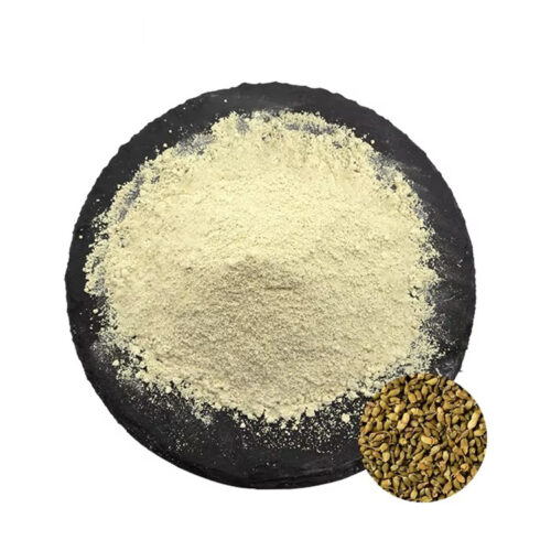 Luteolin powder displayed on a black slate with a circular inset of golden-brown botanical material in the lower corner