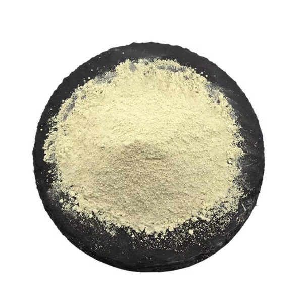 Luteolin powder from Sophora japonica bud extract displayed as a pale yellow-beige mound on a black circular slate