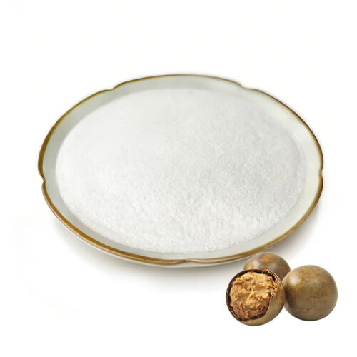 White monk fruit extract powder displayed with dried Luo Han Guo fruits, including a cut-open fruit showing its interior.