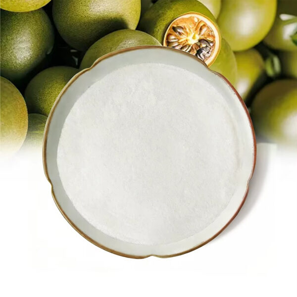 Monk fruit extract powder presented on a ceramic plate against a background of fresh green monk fruits and a sliced fruit.