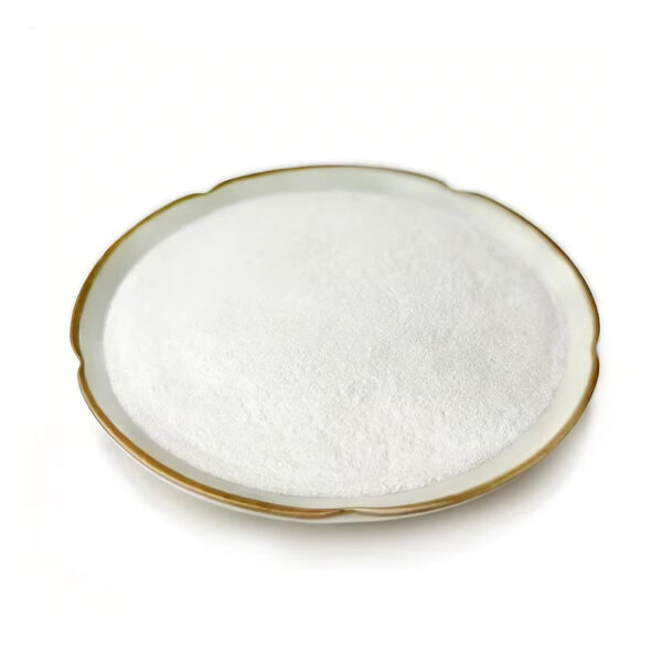 Side-angle presentation of monk fruit extract powder showing its fine off-white texture and loose powder form in a ceramic plate.