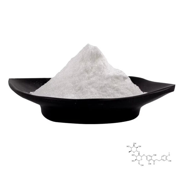 White neohesperidin dihydrochalcone powder piled in a black dish with an NHDC chemical structure in the corner