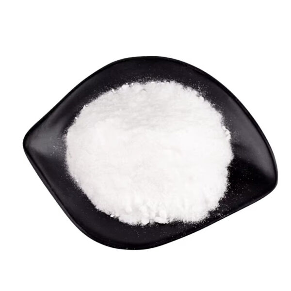 Angled top view of fine white neohesperidin dihydrochalcone powder spread across a shallow black dish