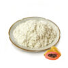 Papaya extract powder in a shallow dish beside whole and sliced papaya fruit with black seeds and orange flesh