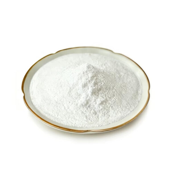 Pterostilbene extract powder, white fine powder heaped in a gold-rimmed ceramic dish
