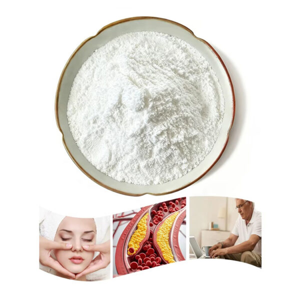 White pterostilbene extract powder in a ceramic dish above three lifestyle graphics