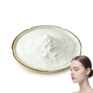 Mounded pterostilbene extract powder in a ceramic dish beside a face graphic with grid overlay