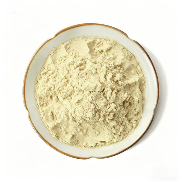 Top-down view of pale cream pumpkin seed extract powder in a scalloped white ceramic dish against a plain white background