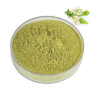 Sophora japonica quercetin powder in a clear glass dish with yellow-green fine powder and white botanical flowers