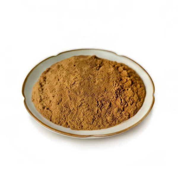 Rhodiola rosea root extract powder presented as a mound of light brown botanical extract ingredient in a shallow white ceramic dish